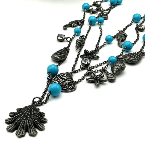 Layered Seashell & Starfish Charms Necklace With Faux  Turquoise Beads - Picture 1 of 5